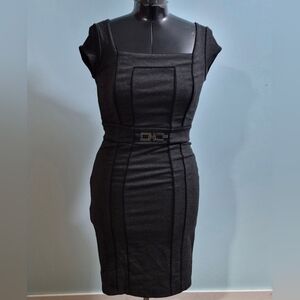 White House Black Market 0 Sheath Dress Womens Black Po Belted Cap Sleeve